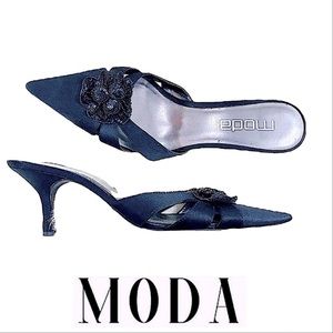 MODA Vintage Black Pointy Toe Party Mules with Sequin flowers on toes SZ 7.5